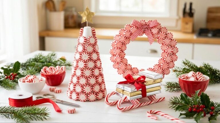 Christmas candy crafts: a peppermint candy Christmas tree, a peppermint wreath and a chocolate bar sleigh on a white table