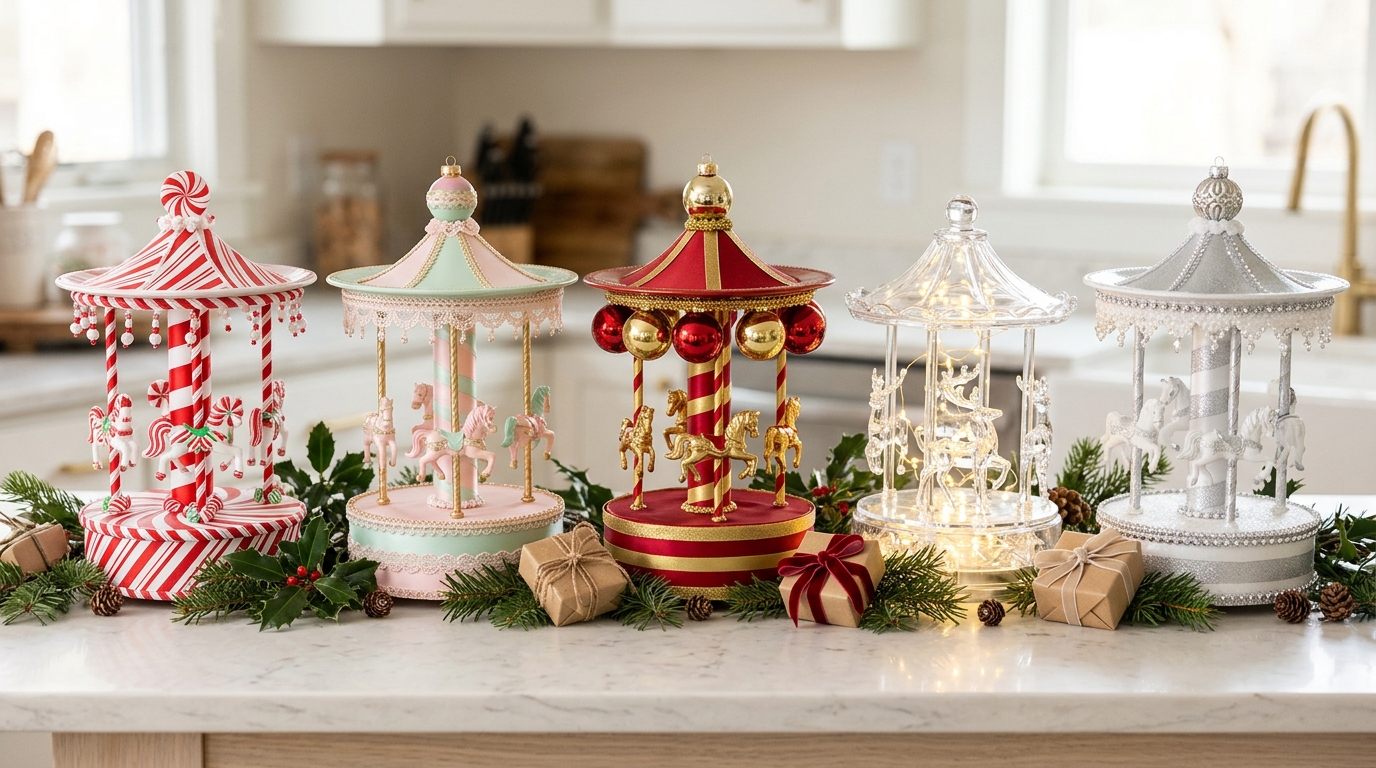Christmas carousel decor lineup of red, gold, silver and pastel handmade carousels on a counter