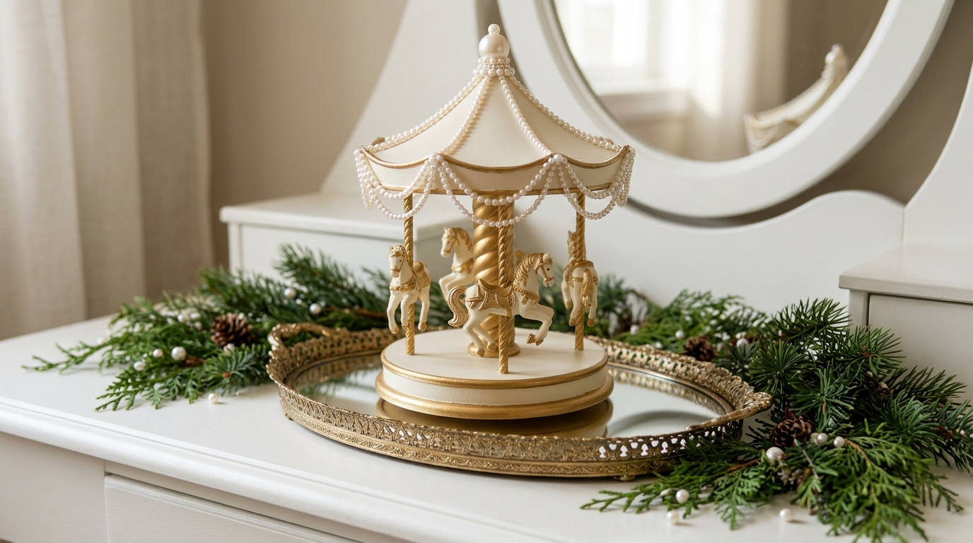 Elegant gold carousel draped with pearl garland and cream horses
