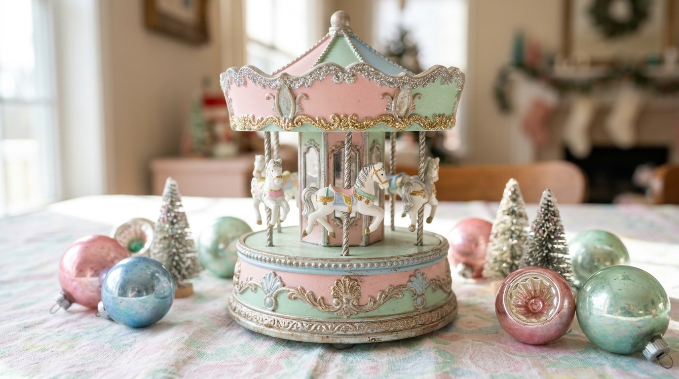 Pastel pink and mint Christmas carousel decor with glitter trim