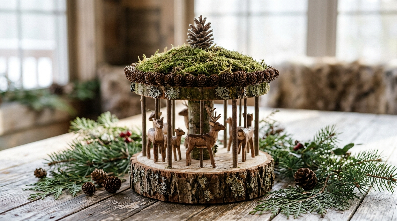Woodland Christmas carousel decor with pinecones and twig poles on a wood slice