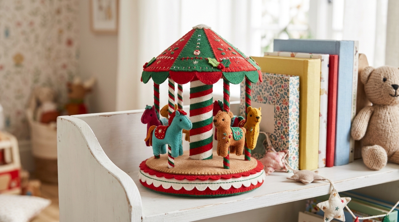 Soft carousel with felt animals and fabric poles in a child's room