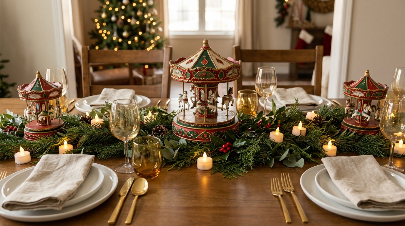 Christmas dinner table with a carousel centerpiece, greenery and LED lights