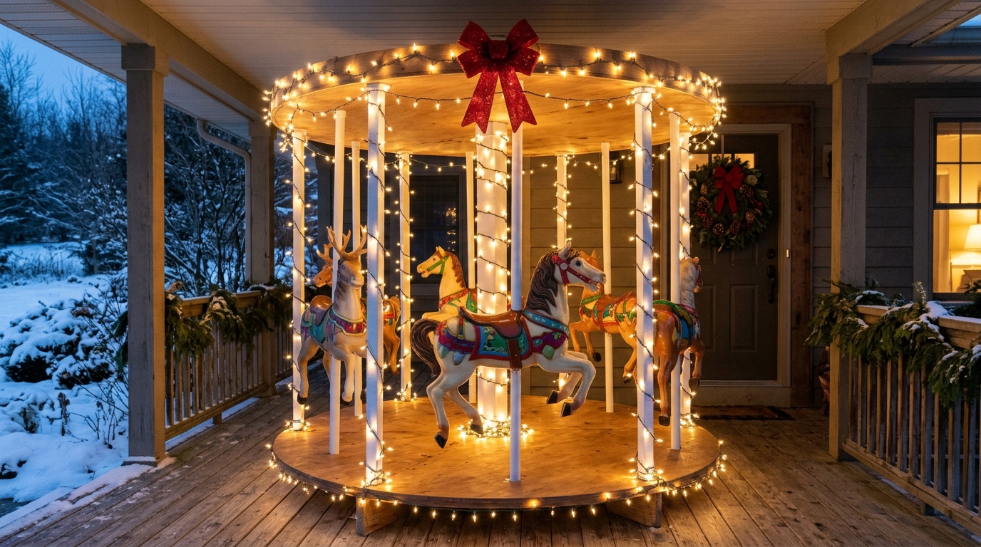 Big Christmas carousel decor on a covered porch glowing with LED lights