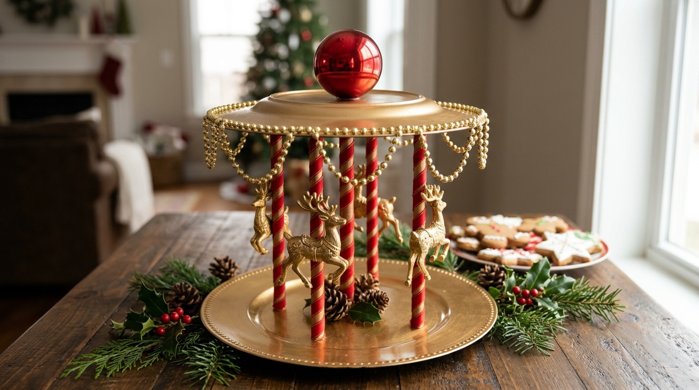 Classic red and gold Christmas carousel decor made from plates and ribbon poles