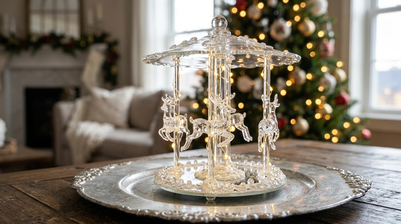 Clear glass reindeer on a carousel glowing with tiny warm LED fairy lights