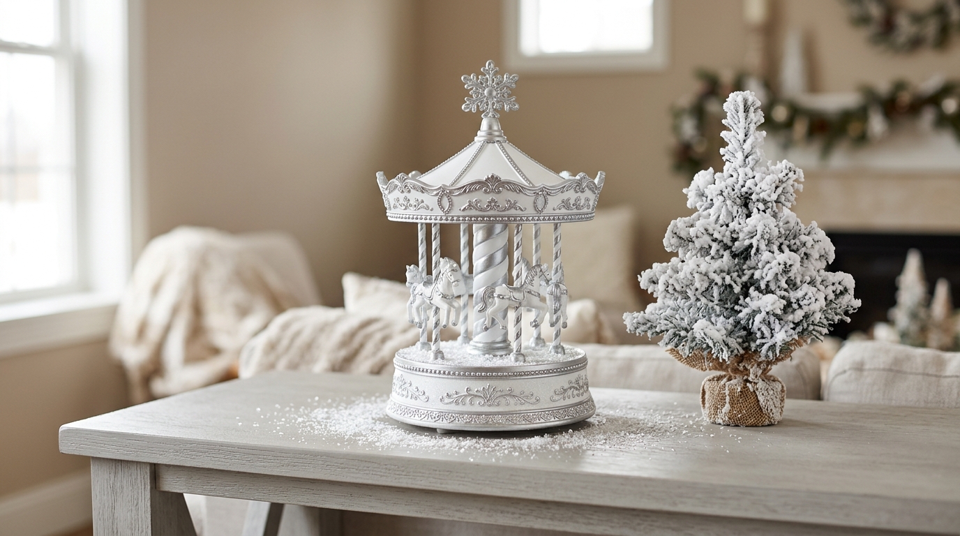 Silver and white carousel with white horses, silver poles and faux snow