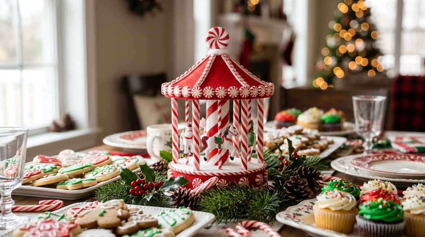 Red and white candy stripe carousel with peppermint poles and candy decorations