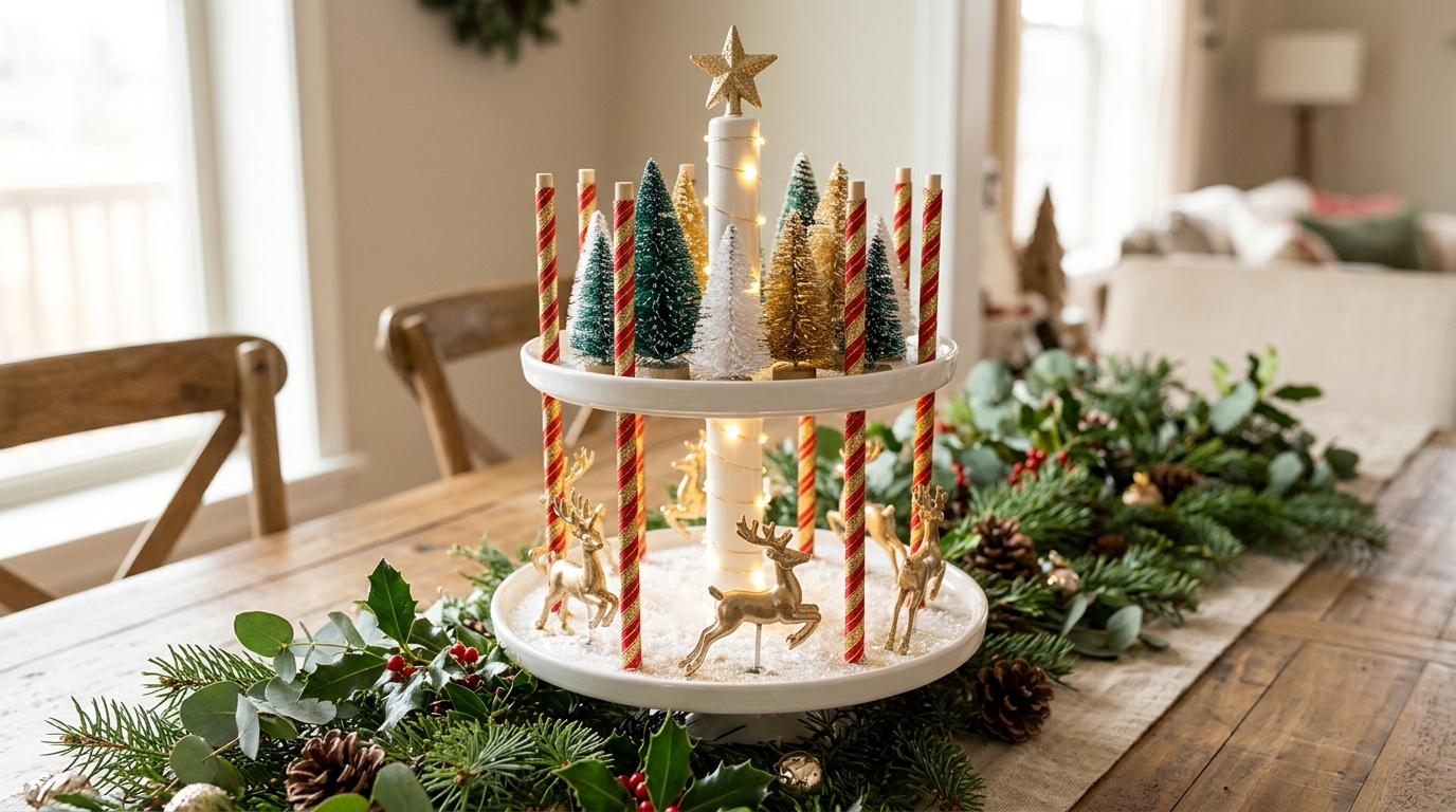 Christmas carousel decor built on a two tier cake stand with reindeer on both levels