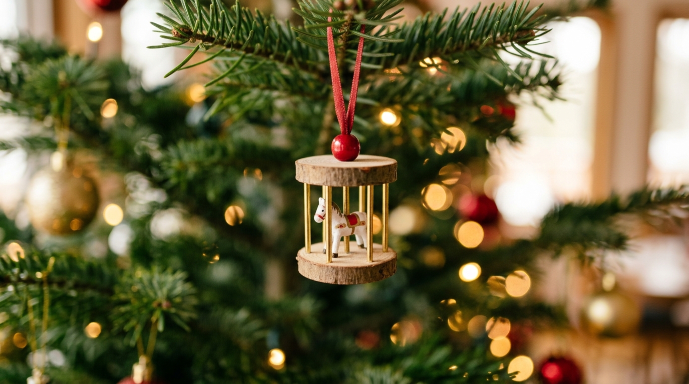 Tiny handmade carousel ornament hanging on a Christmas tree branch