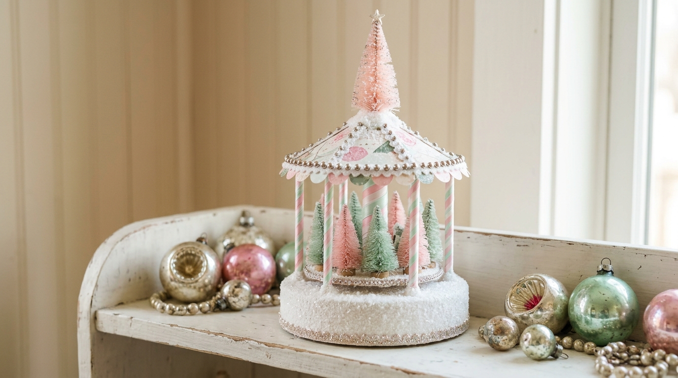 Christmas carousel decor with tiny bottle brush trees between the poles