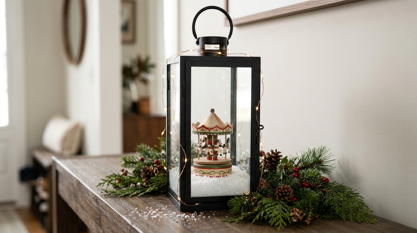 Lantern holding a small carousel with faux snow and LED lights inside