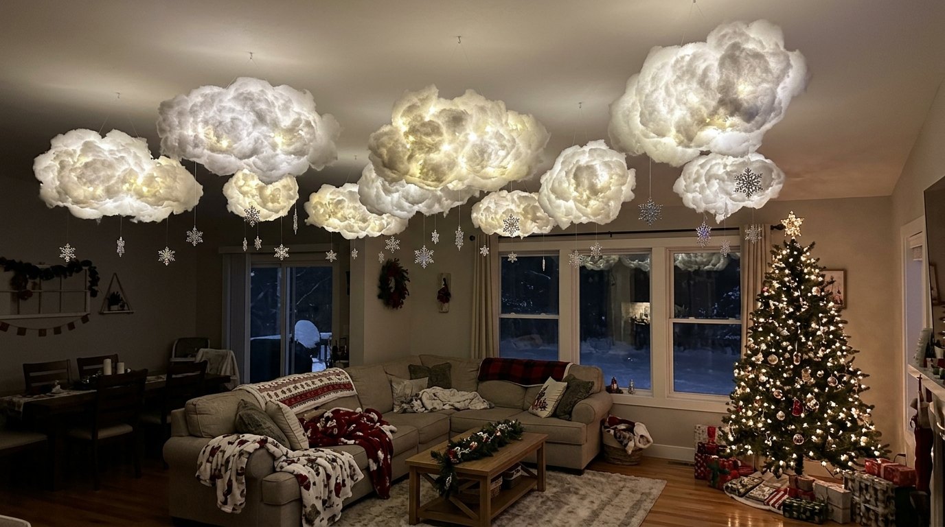 Christmas Ceiling Decor cotton snow clouds glowing with fairy lights over a family room