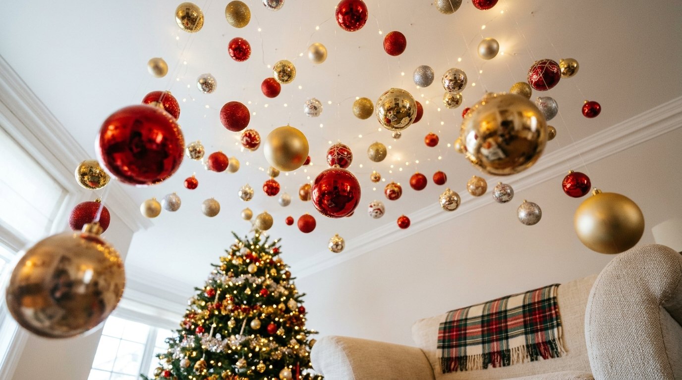 Christmas Ceiling Decor with red, gold and silver ornaments floating on clear fishing line above a tree and sofa