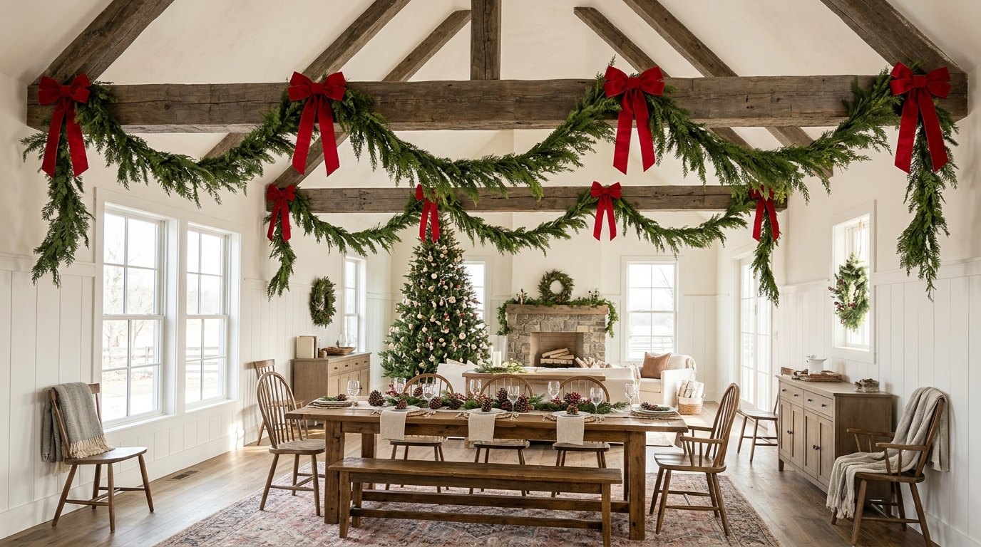 Christmas Ceiling Decor with pine and cedar garland swags and red velvet bows on wooden beams