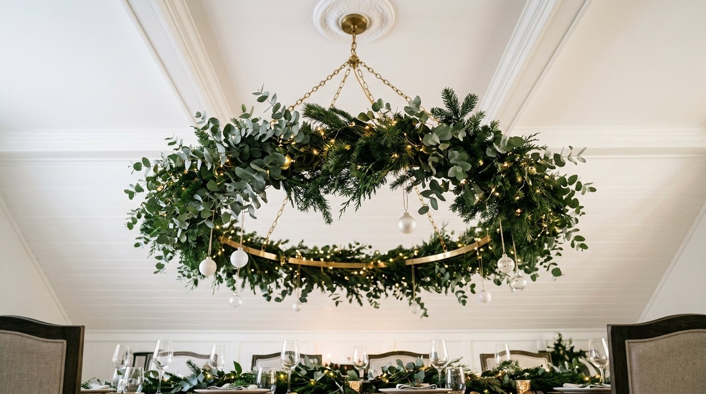 Christmas Ceiling Decor hoop chandelier wrapped in eucalyptus and pine with fairy lights