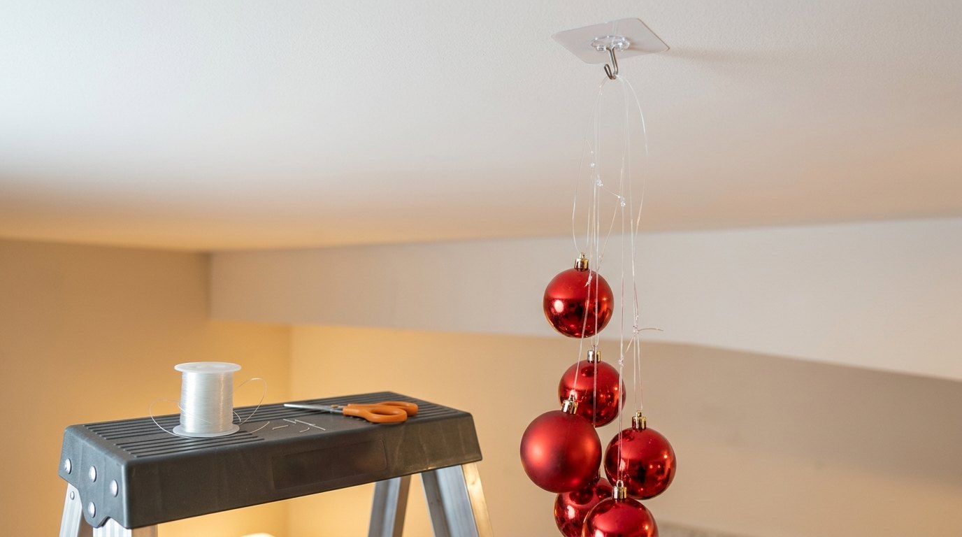 Christmas Ceiling Decor how to: clear hook holding red ornaments on fishing line beside a stepladder