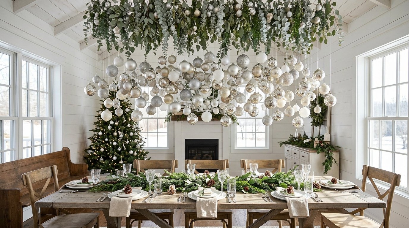 Christmas Ceiling Decor ornament cloud of silver and white baubles with eucalyptus over a farmhouse dining table