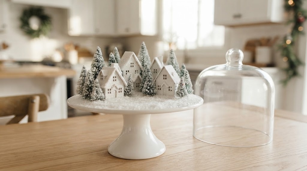 A white cake stand topped with a tiny snowy village of paper houses and flocked bottle brush trees