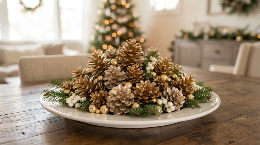DIY Christmas centerpieces: gold and champagne painted pine cones piled on a white platter with fir sprigs