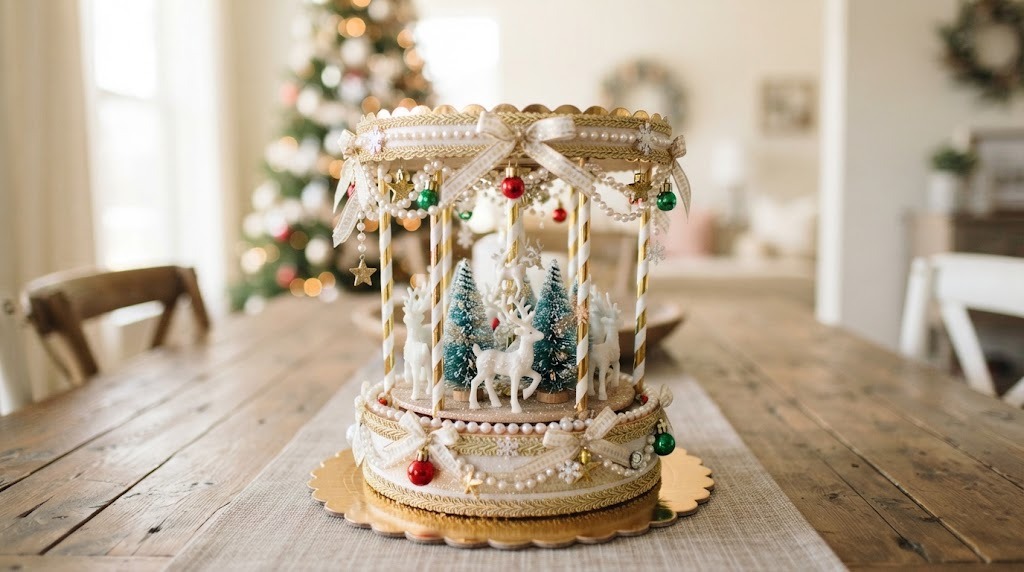 A handmade gold and white mini carousel Christmas centerpiece with tiny reindeer and bottle brush trees