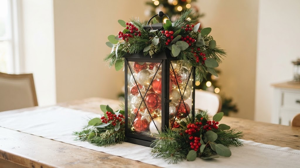 A black metal lantern filled with red, silver and gold ornaments with pine and berries around its base