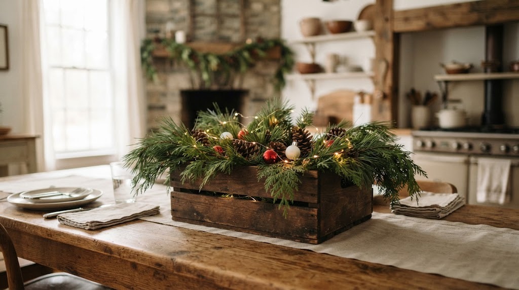 A small rustic wooden crate filled with greenery, pine cones and fairy lights on a farmhouse table
