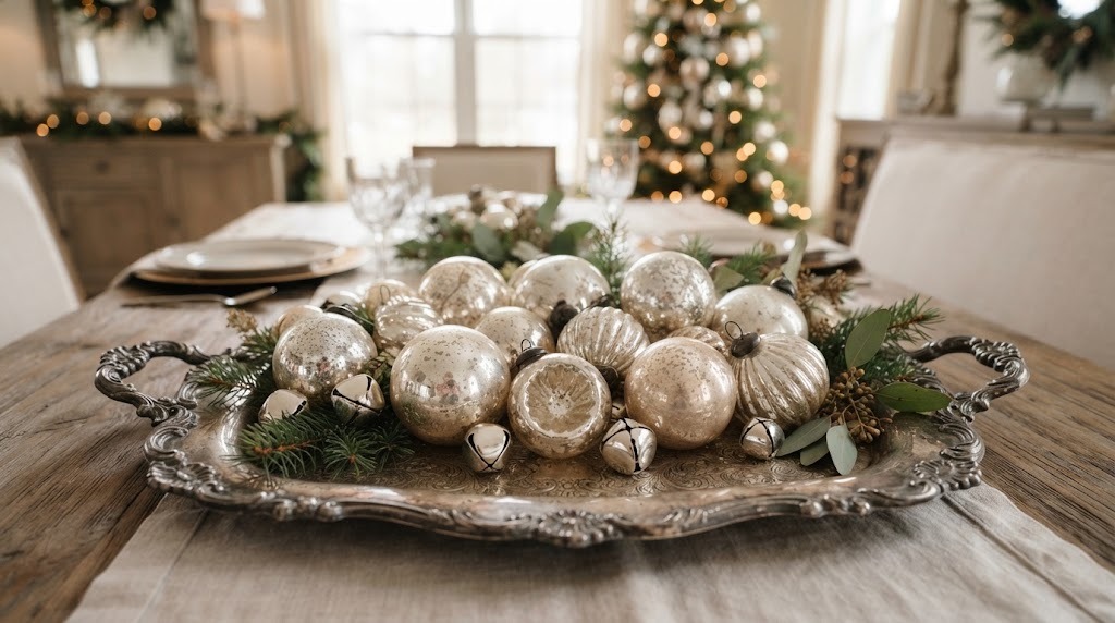 A silver tray holding mercury glass ornaments, silver bells and greenery as a Christmas centerpiece