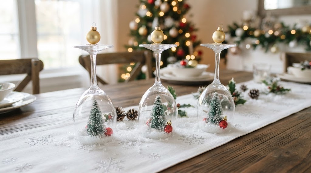 DIY Christmas centerpieces: upturned wine glasses covering tiny snowy tree scenes on a white table runner