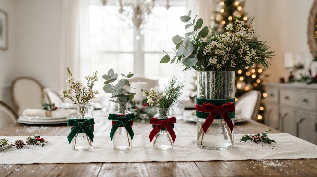 Glass bud vases wrapped with green and red velvet ribbon bows holding white flowers and greenery