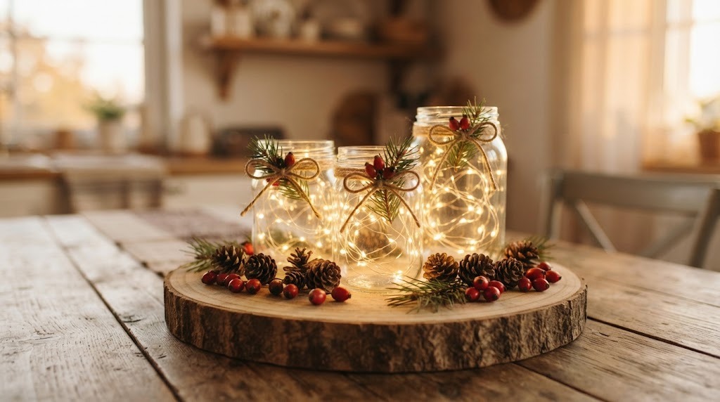 DIY Christmas centerpieces: a round wood slice holding three glass jars filled with glowing fairy lights, pine and pine cones