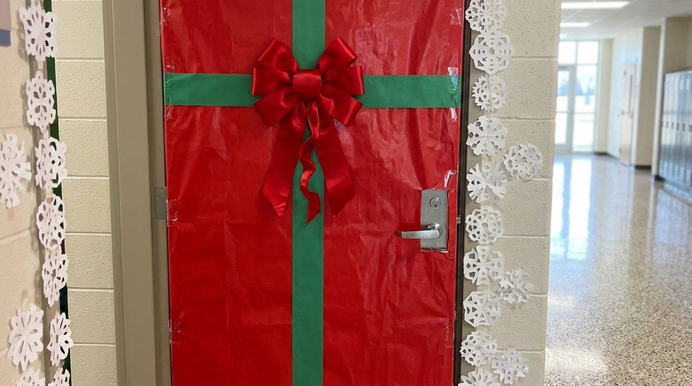 Close up of a Christmas classroom door wrapped in red paper with a green ribbon and a big red bow, paper snowflakes around the frame
