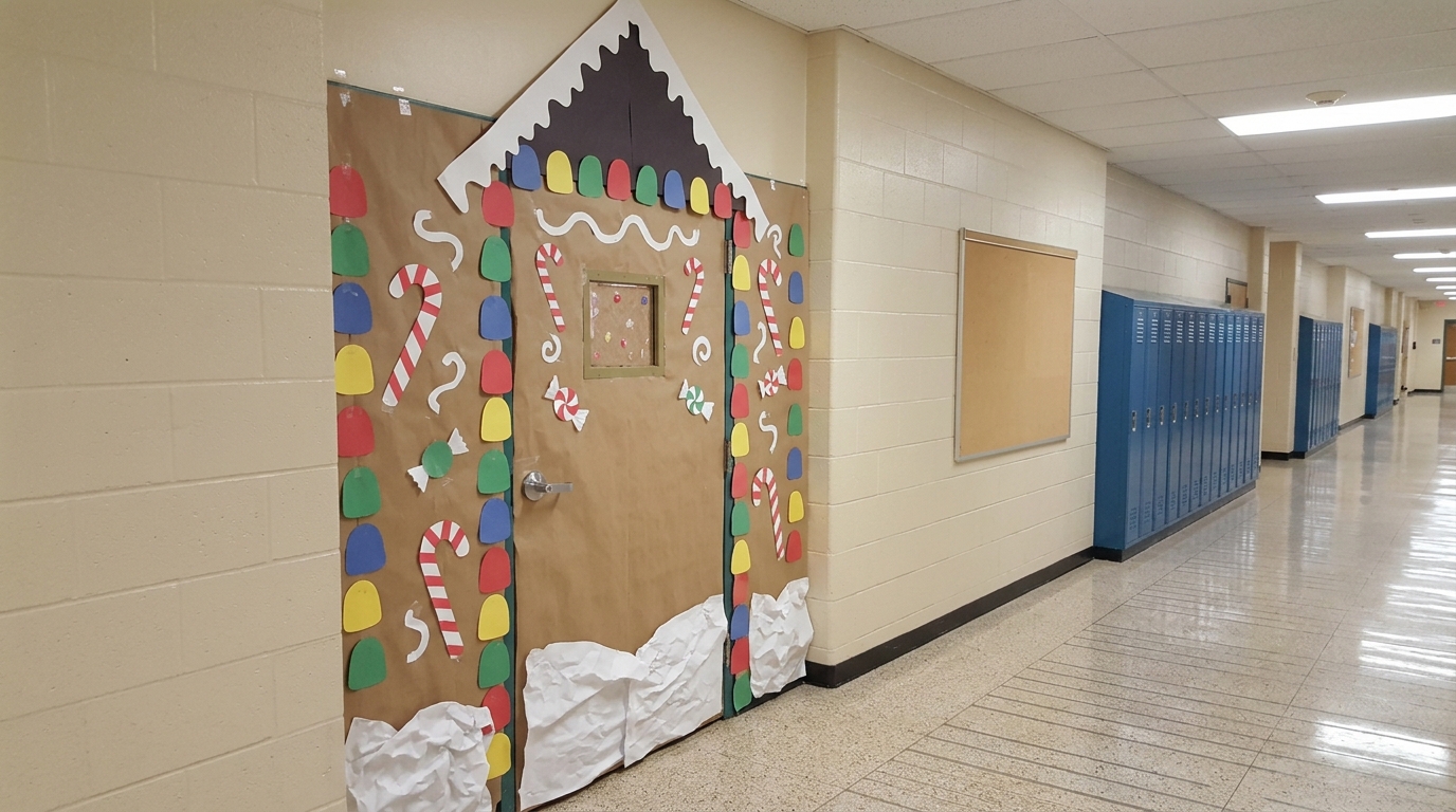 Brown kraft paper gingerbread house with white paper icing, paper candy canes and gumdrops