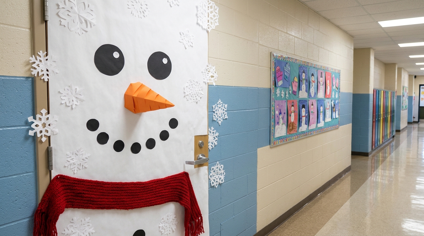 Christmas classroom door covered in white paper as a snowman face with black paper eyes, an orange carrot nose and a red knit scarf