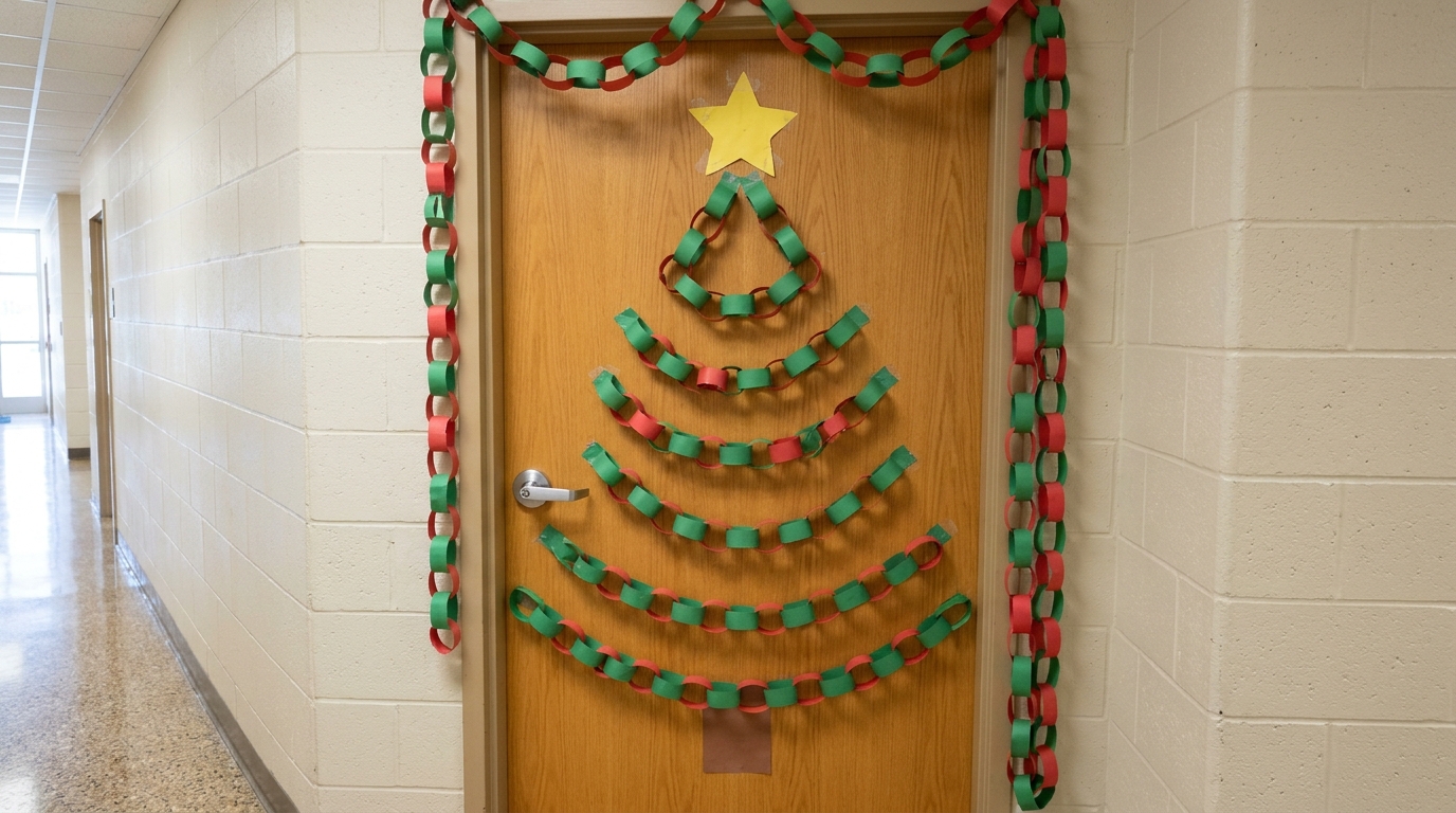 Green and red paper chain links draped into a tree shape under a yellow paper star