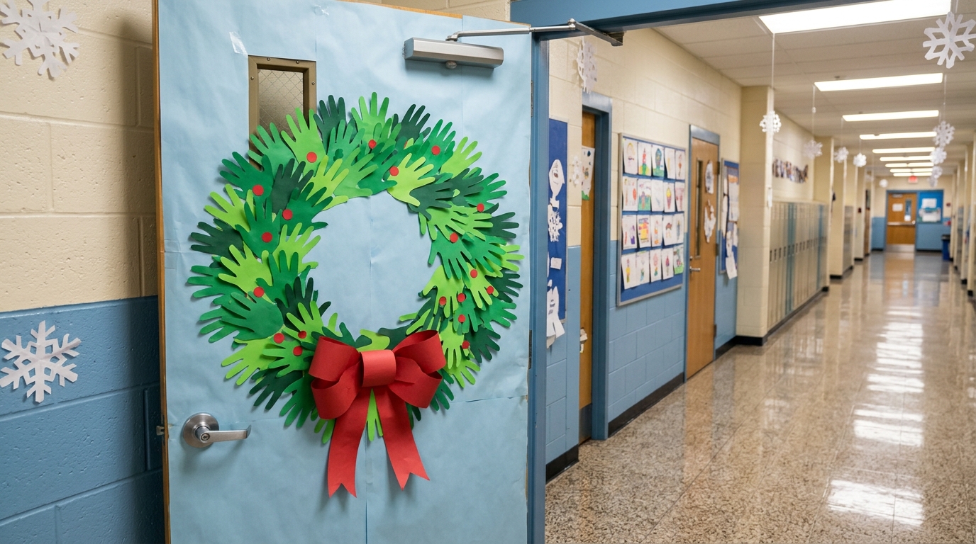 Christmas classroom door with a wreath made of green paper handprint cutouts and a red paper bow on light blue paper