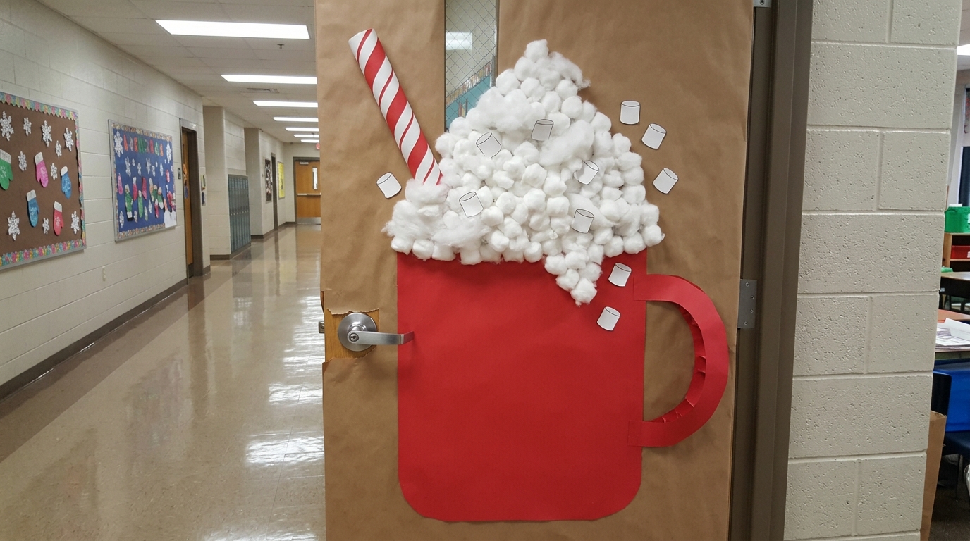 Giant red paper cocoa mug topped with cotton ball whipped cream and paper marshmallows