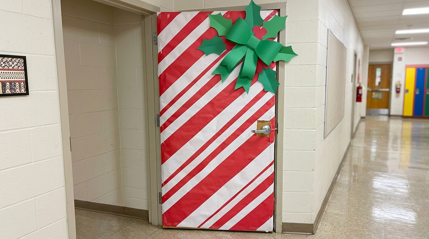 Bold red and white diagonal paper stripes like a candy cane with a green paper bow