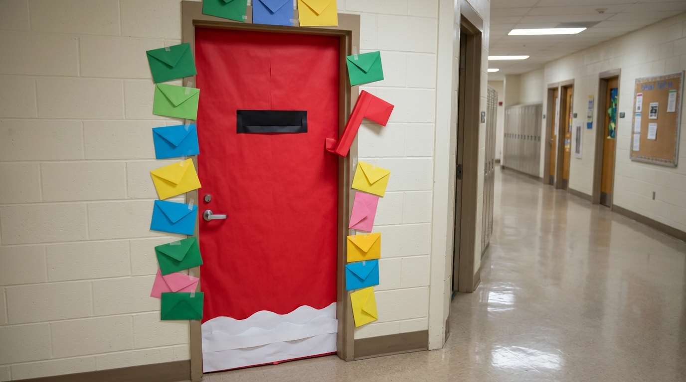 Christmas classroom door decorated as a red paper North Pole mailbox with a mail slot and colorful paper envelopes