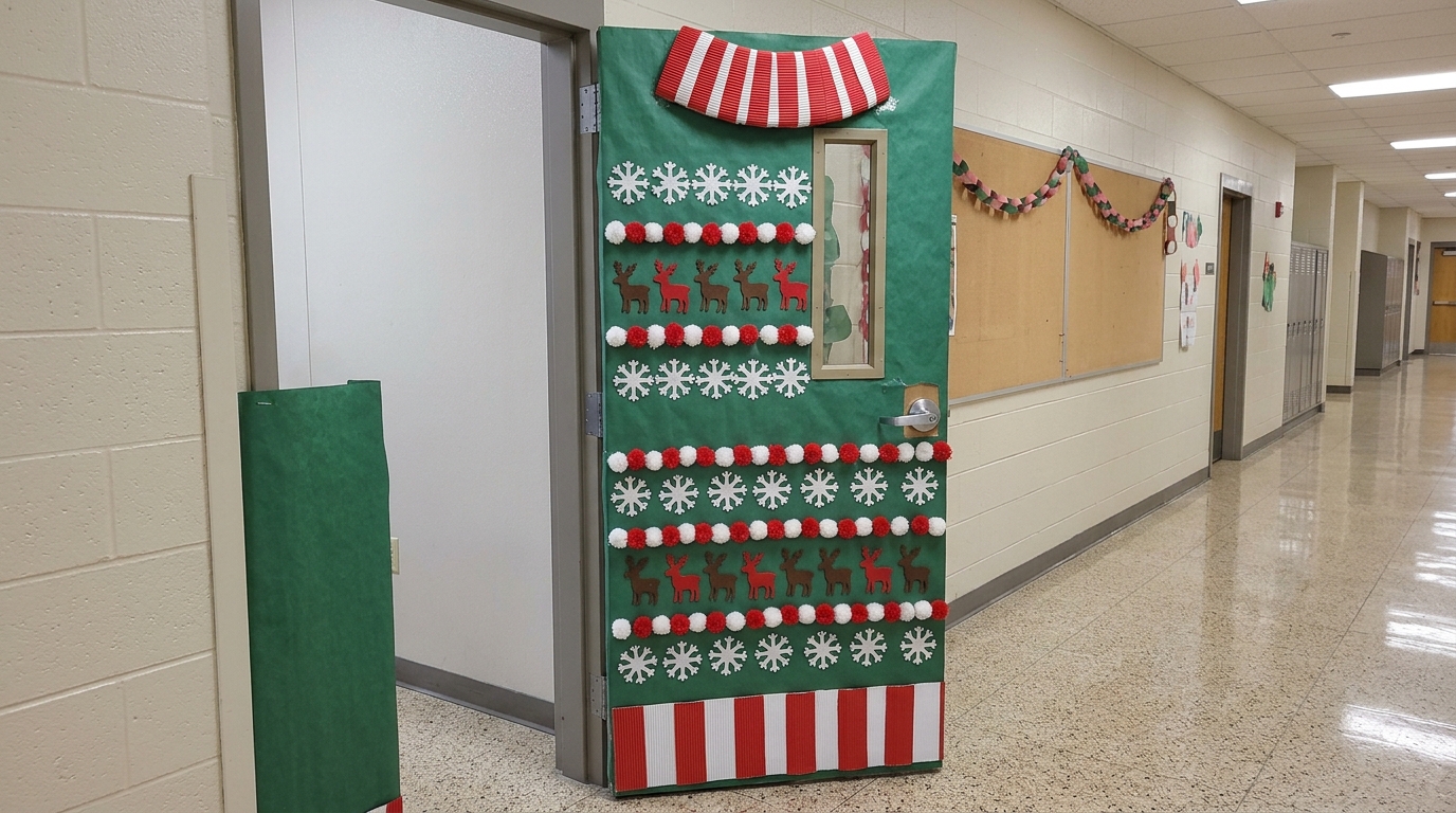 Giant ugly sweater made of green paper with felt reindeer, paper snowflakes and pom poms