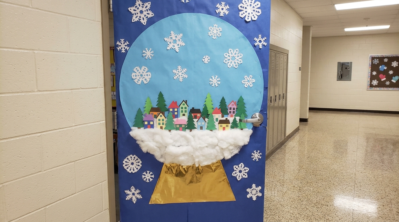 Giant paper snow globe with a tiny paper village, cotton snow and a gold paper base