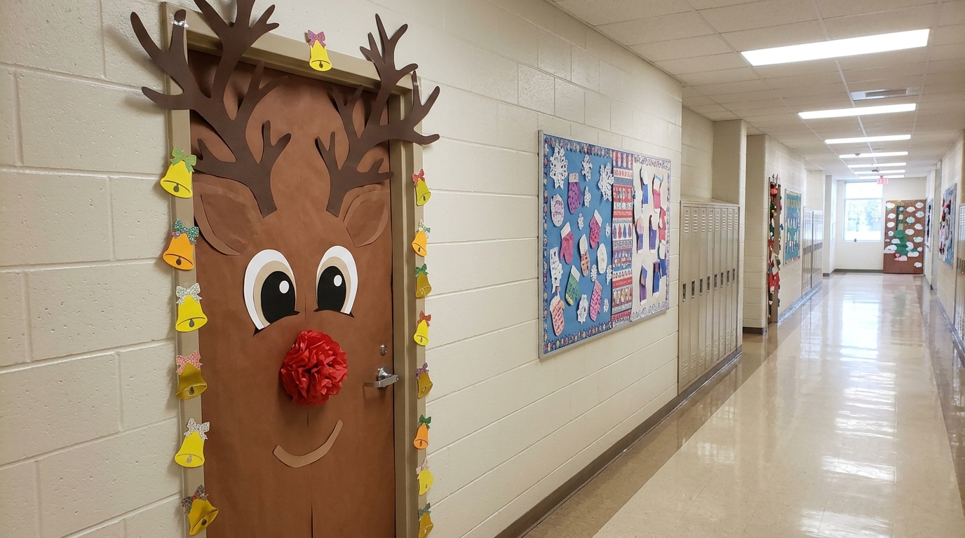 Christmas classroom door decorated as a brown paper reindeer face with big eyes, a red pom pom nose and tall paper antlers
