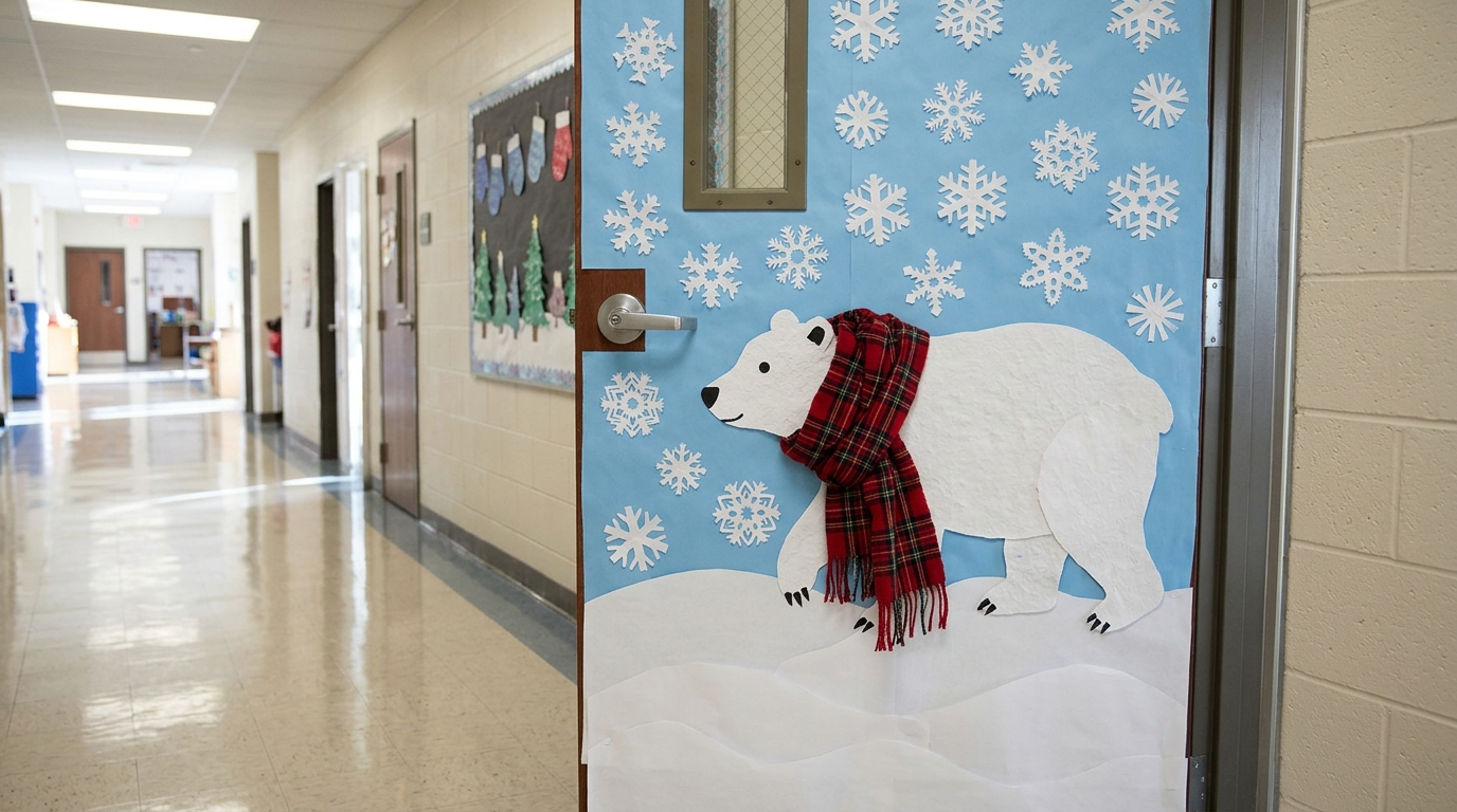 White paper polar bear wearing a red plaid fabric scarf on a light blue snowy background