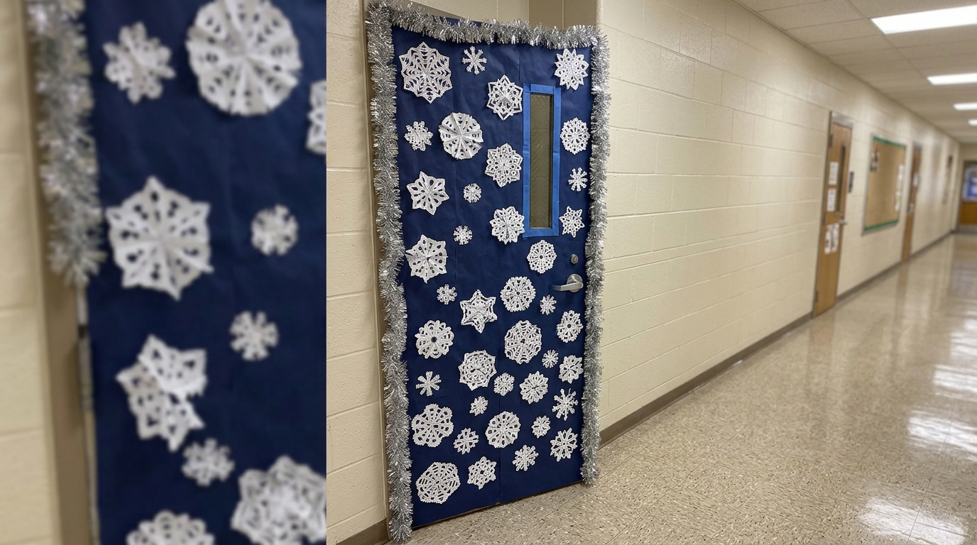 Christmas classroom door covered in navy blue paper with dozens of white cut paper snowflakes and a silver tinsel border