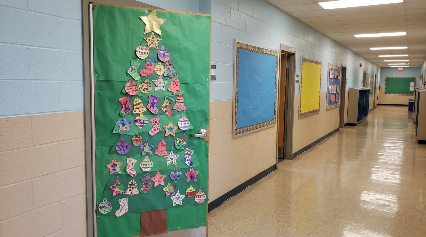 Green paper tree covered in colorful handmade paper ornaments made by students