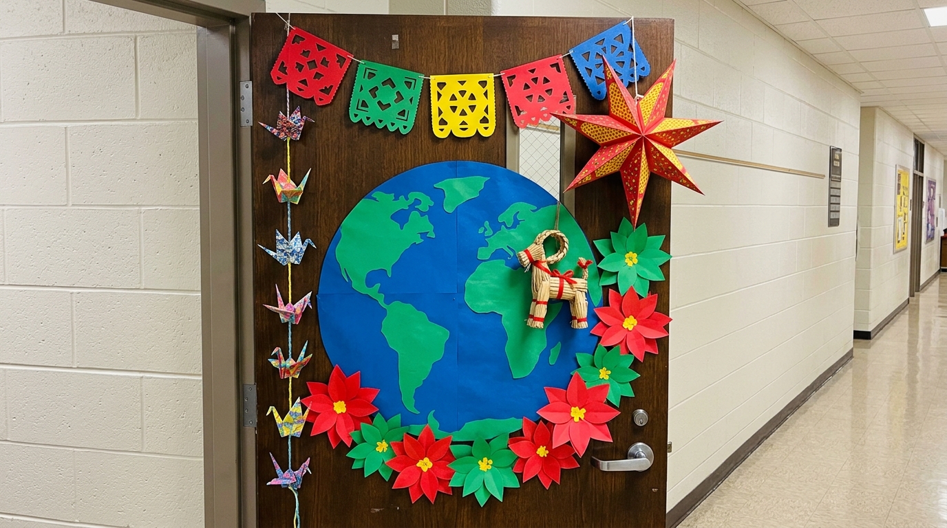 Big paper globe surrounded by paper cranes, a star lantern, a straw goat and poinsettias