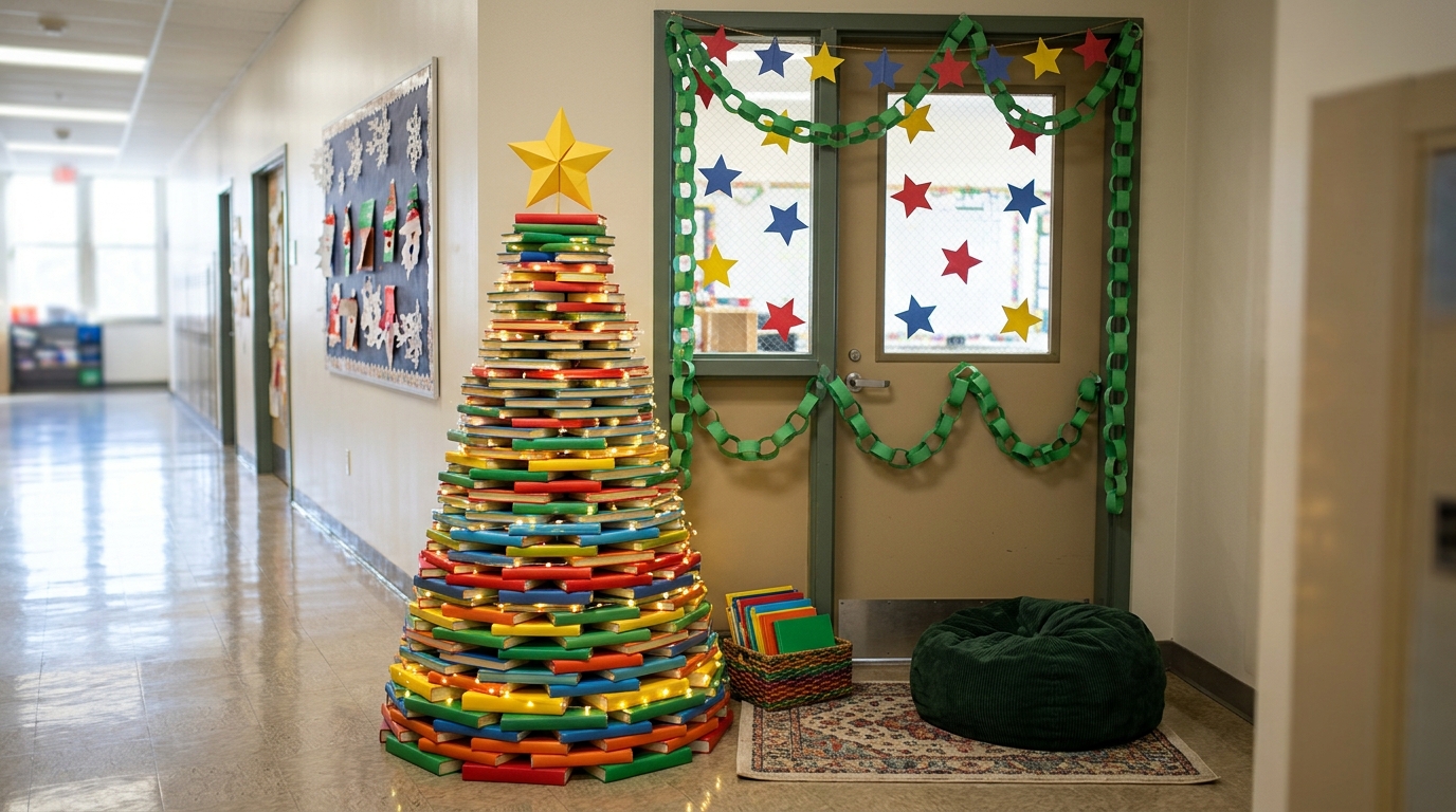 Book stack Christmas tree beside a Christmas classroom door decorated with green paper garland and paper stars