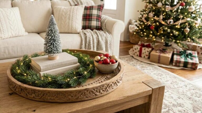 Christmas coffee table decor with a small wreath laid flat on a round wooden tray with a mini tree in the center