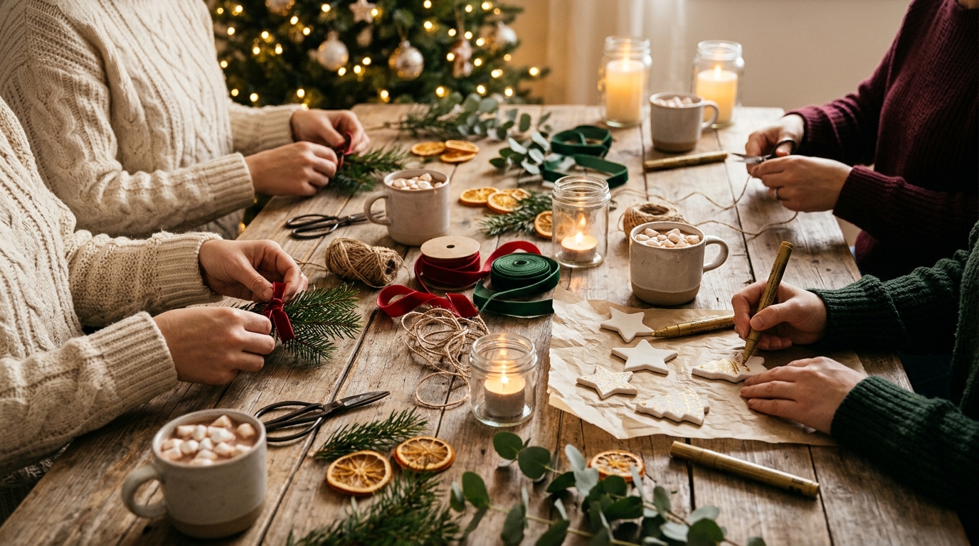 Christmas crafts for adults: hands tying velvet ribbon and painting clay ornaments on a cozy farmhouse table