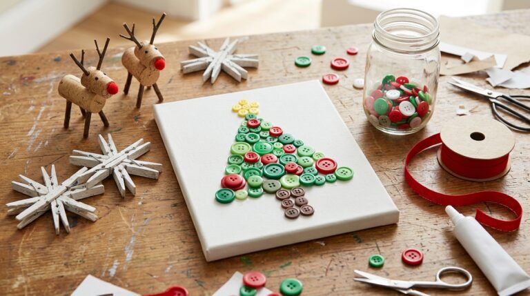 Christmas Crafts for Seniors: button tree canvas, clothespin snowflakes and wine cork reindeer on a craft table